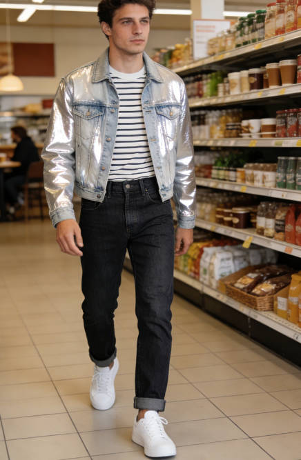 Striped tee + high-waisted jeans + white sneakers