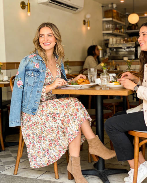 Floral dress + denim jacket + ankle boots
