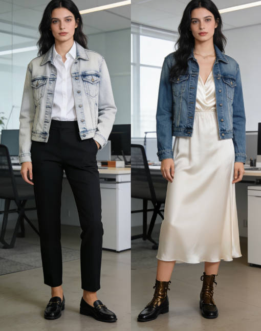 White button-down shirt + black tailored pants + loafers + denim jacket